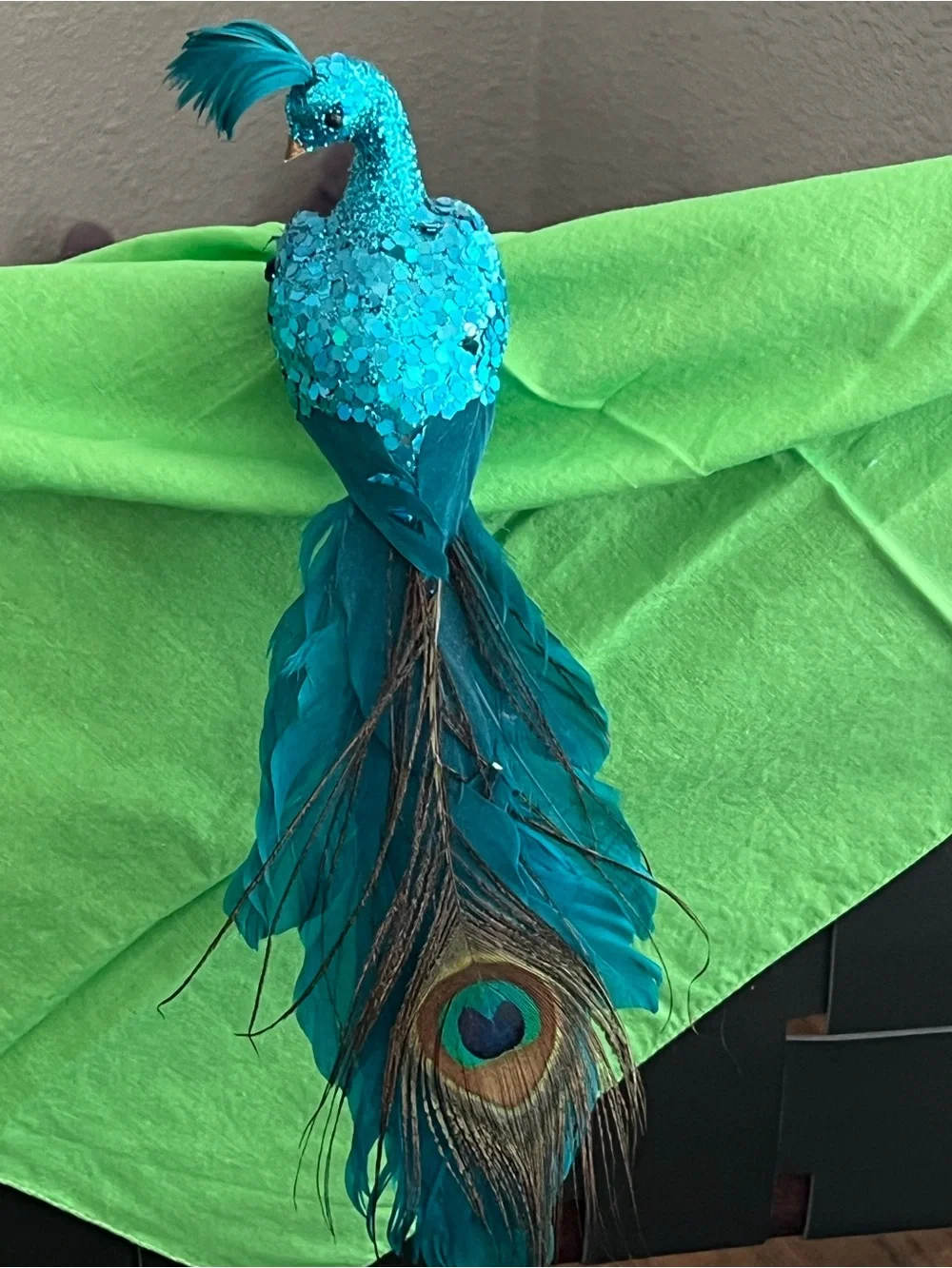 Pier 1 Peacock Clip-On Christmas Tree Ornament Blue Glitter Feather